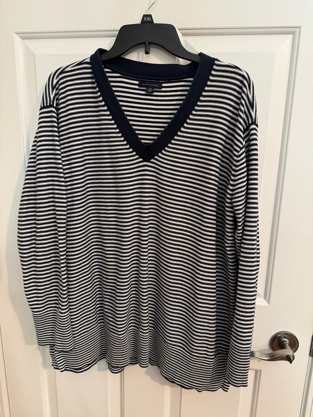 Tommy Hilfiger Women's 100% Cotton Vneck Sweater Blue White Stripes Plus XXL
